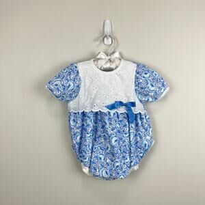 Vintage Healthtex Blue Floral Lace Bow Shortall Romper 6-9 Months